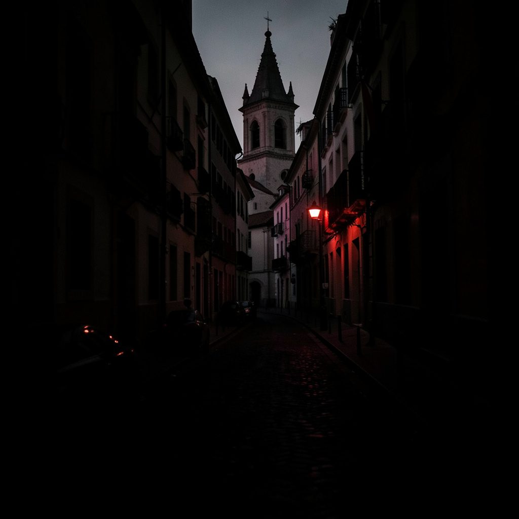 Atmospheric low-light photograph of a Lisbon tram tracks on a cobbled slope, red highlights against deep shadow